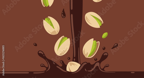 Liquid chocolate splash with falling pistachio nuts