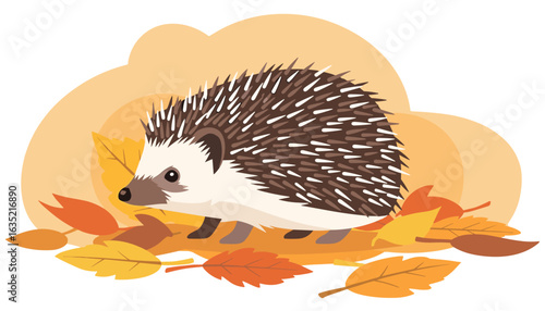 Cute hedgehog surrounded by autumn leaves