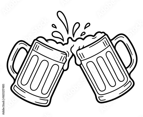 Two Clinking Beer Mugs in a Bold Line Art Style