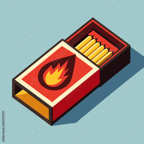 A box of matches with a flame symbol on a light blue background in a flat design style
