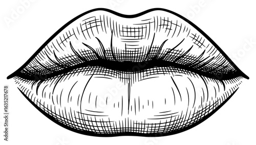 Engraved Illustration of Lips, Black and White