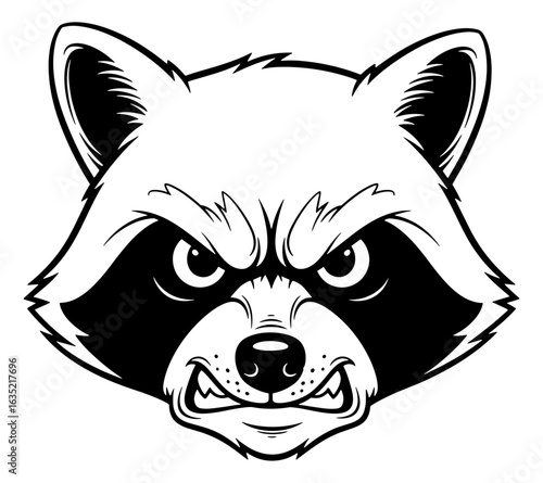 Monochrome Angry Raccoon Head with Showing Teeth and Fur Details