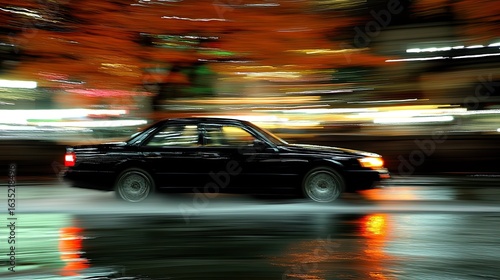 Blurred motion of a black car driving through the city at night with light trails creating a