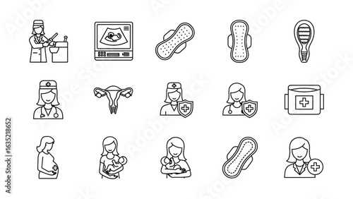 Healthcare and Reproductive Health Icons Illustrating Medical and Maternal Concepts