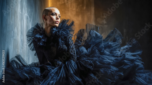 Woman with a short haircut in a striking black tulle dress poses elegantly against a dark textured wall with a contrast of warm and cold lighting