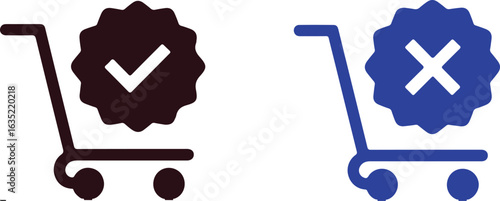 Shopping cart icons with checkmark and cross mark for approved and rejected purchases