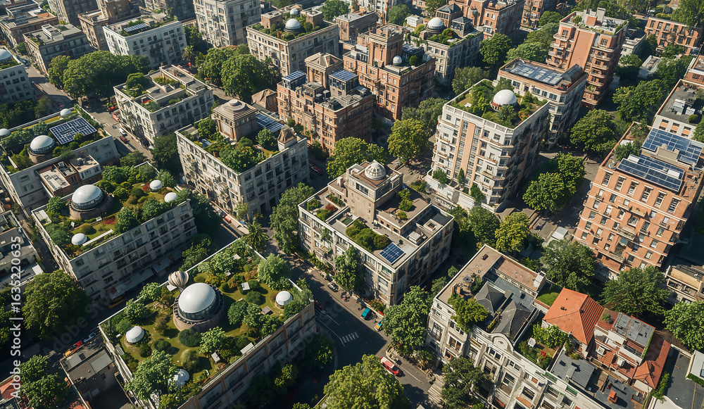Naklejka premium Photo of aerial view of a modern city with green rooftops and solar panels promoting sustainable urban living