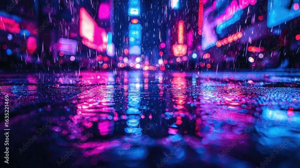 Fototapeta premium Neon city street puddles in rain