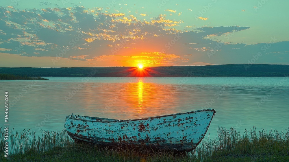 Obraz premium Old weathered boat at sunrise on a calm lake