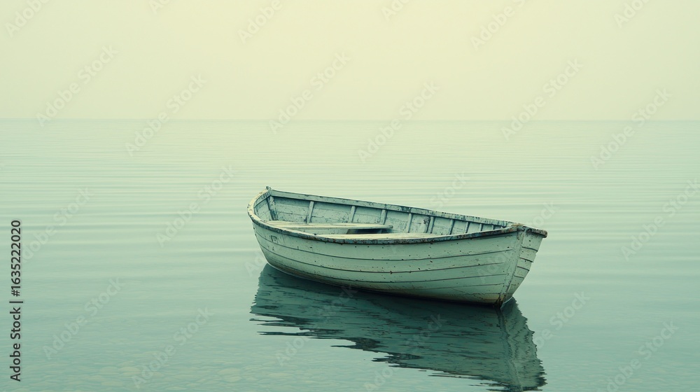Naklejka premium Pale, empty rowboat on a still, misty lake