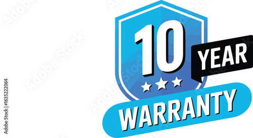 Blue shield with number 10 and text warranty and year