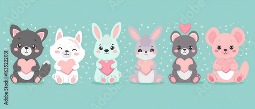 Cartoon Animals Holding Hearts Cute Valentine Illustration