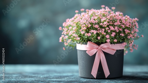 Pink flowers in a dark pot with ribbon