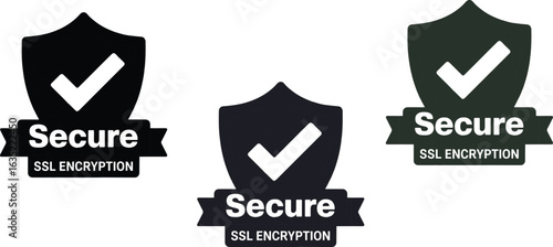 Three secure shield icons with checkmarks and ssl encryption text