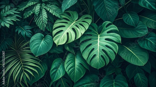 Tropical leaf background with vivid, high contrast greens	