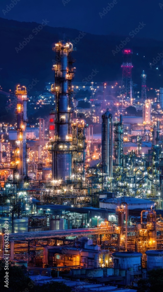 Fototapeta premium A vibrant industrial landscape at night, showcasing illuminated structures and smokestacks against a dark sky.