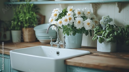 Rustic kitchen with white flowers and plants
