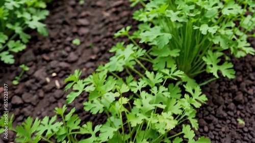 Fresh green parsley growing in dark soil in a garden