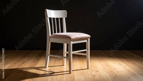 Wallpaper Mural The Elegance of Simplicity: A lone, graceful wooden chair, bathed in a dramatic spotlight, stands on a hardwood floor, presenting an image of serene minimalism and timeless design.  Torontodigital.ca