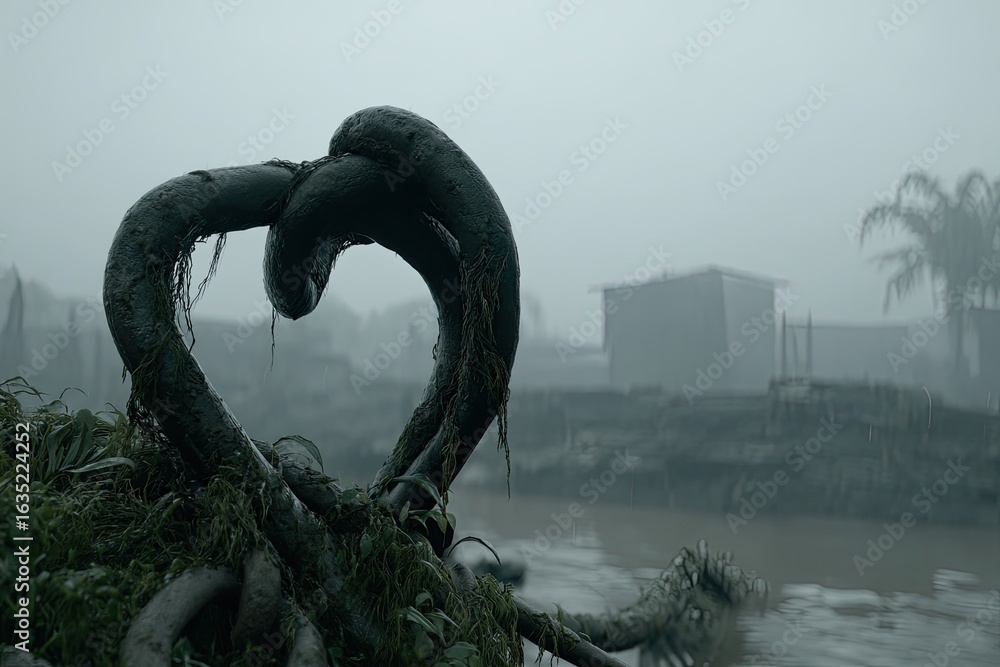 Fototapeta premium Heart-shaped, intertwined, weathered wood, knot, against a misty, rural landscape