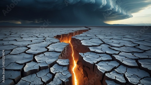 Dramatic cracked earth with fiery chasm under stormy sky