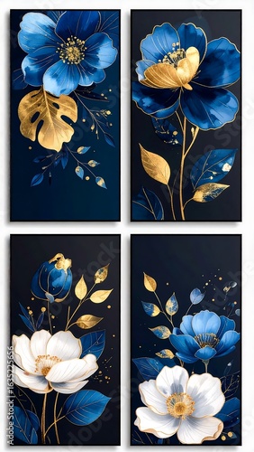 Four panels of abstract floral art. Deep blue and white flowers with gold accents on a navy background