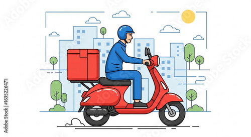 Fast package delivery service with a courier riding a red scooter through a modern city. Urban logistics and shipping concept illustration.