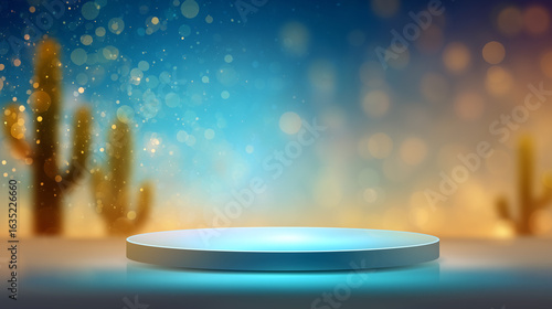 Product Display Podium in Dreamy Desert, Blue and Gold Hues, Defocused Cacti