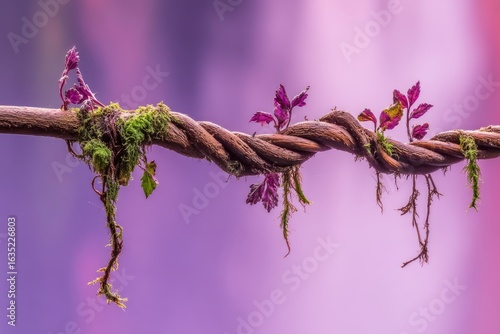 Twisted vine branch with purple leaves, moss, and a blurred purple background