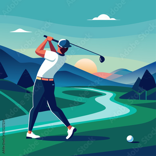 Golfer swings club on a scenic course at sunrise