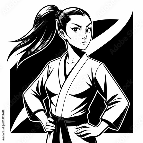 Determined young woman in martial arts uniform with ponytail