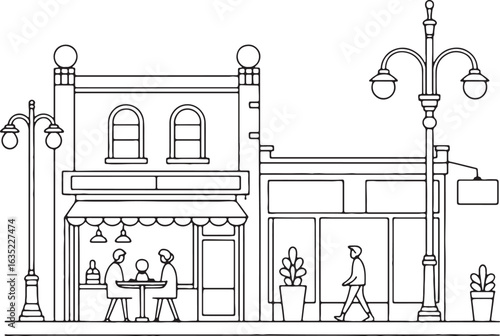 City Street with Shops and People Walking