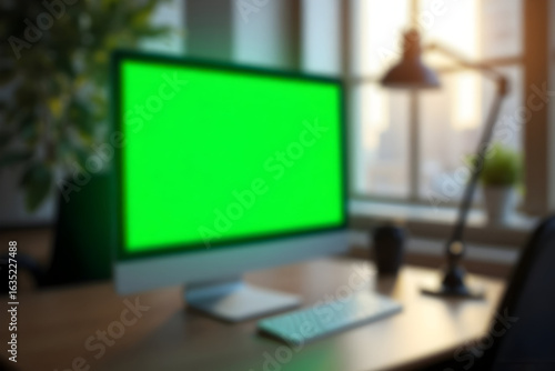 Wallpaper Mural Desktop Computer with Green Screen on Desk in Office Blurred Background Torontodigital.ca