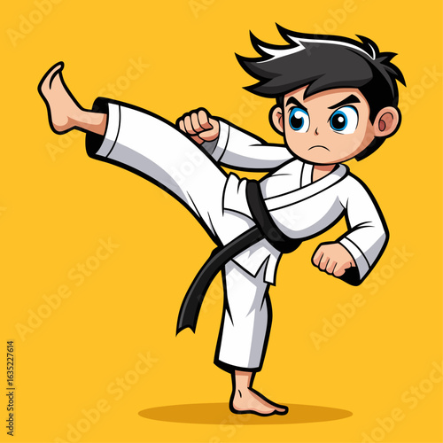 Young boy in a white karate uniform performing a high kick