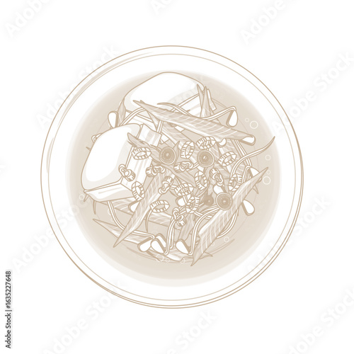 Vector Illustration Logo Line art Top View Dried pollock soup Bugeoguk on a Bowl