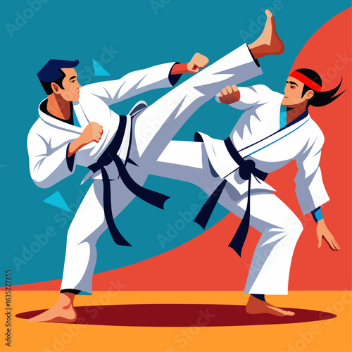 Two men in white karate uniforms sparring with kicks