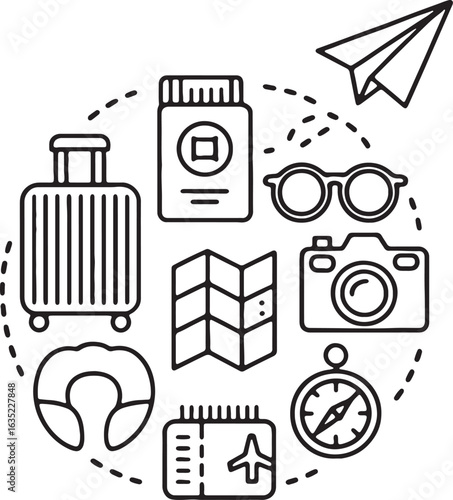 Travel Vacation Icons Set with Suitcase, Plane, Camera and Map
