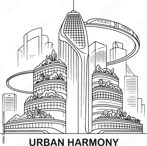 Urban Harmony Cityscape with Futuristic Buildings and Green Spaces