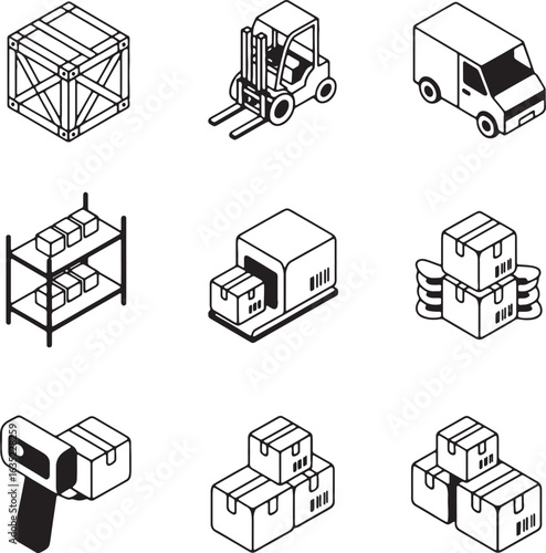 Logistics and Shipping Icons Set with Warehouse Crates and Delivery Truck