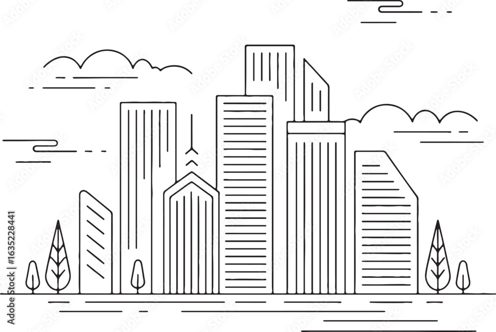 Obraz premium Modern City Skyline with Skyscrapers and Trees