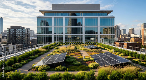 Modern office building with a green roof and solar panels, representing sustainable architecture and renewable energy