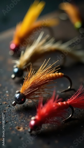 Close-up view of diverse fishing flies, intricate details visible , hooks, outdoor, artificial bait