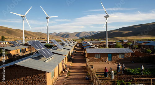 A village showcasing eco-friendly initiatives, with solar panels and wind turbines, symbolizing sustainability. A community embraces a greener future