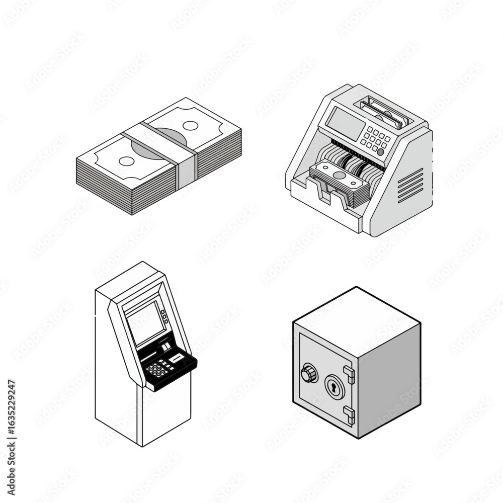 Obraz premium Isometric Icons of Stack of Money, Cash Counter, ATM, and Safe Deposit Box