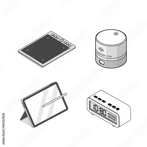 Isometric Icons of Tablet, Smart Speaker, and Digital Alarm Clock