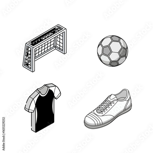 Isometric Soccer Gear Icons: Goal, Ball, Jersey, and Cleats