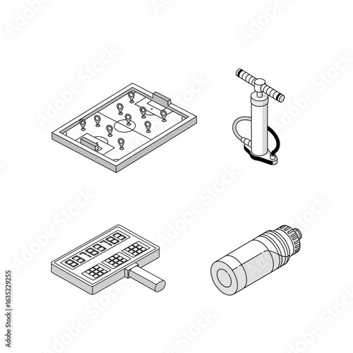 Isometric Foosball Table, Air Pump, and Whistle Icons