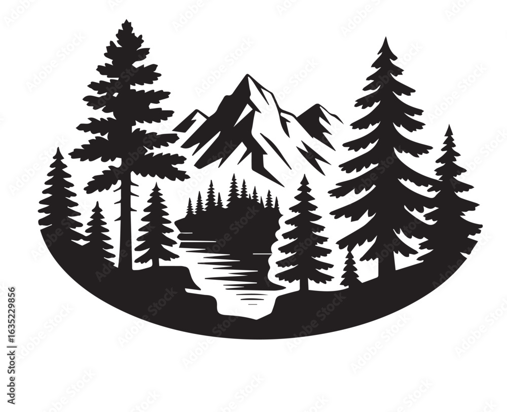 Obraz premium Black and White Silhouette of a Mountain Landscape