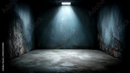 Empty dark room with cracked concrete walls and floor, single ceiling light casting shadows, creating moody eerie atmosphere in abandoned space with shadowed ceiling and cracked wall textures