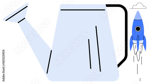 Large watering can watering a rising rocket, symbolizing innovation, growth, and nurturing potential. Ideal for creativity, business success, sustainability, productivity, entrepreneurship